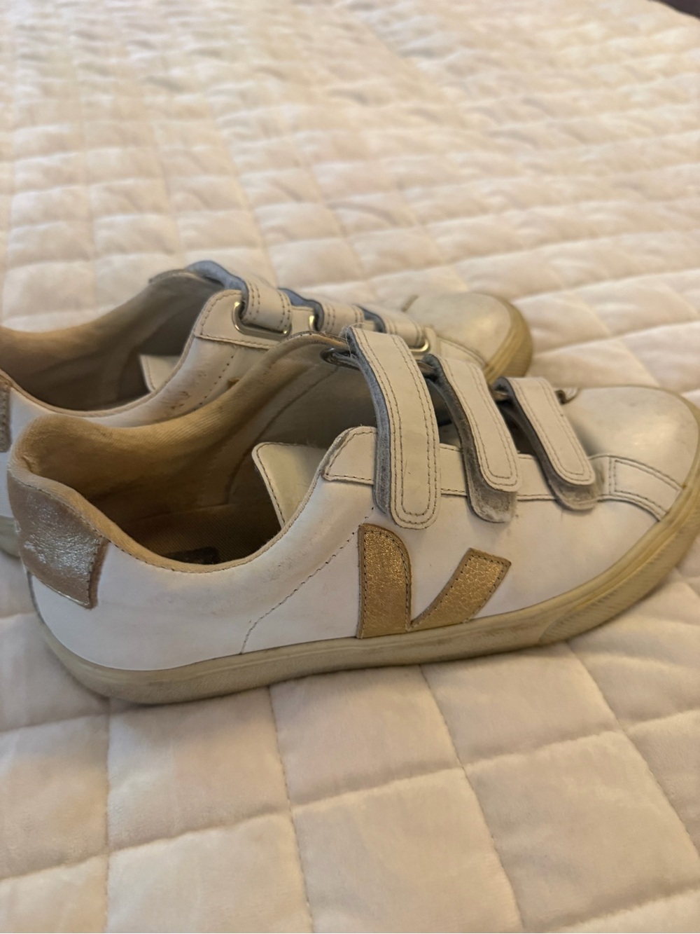 Veja White Sneakers with Gold V Detail - Velcro Straps